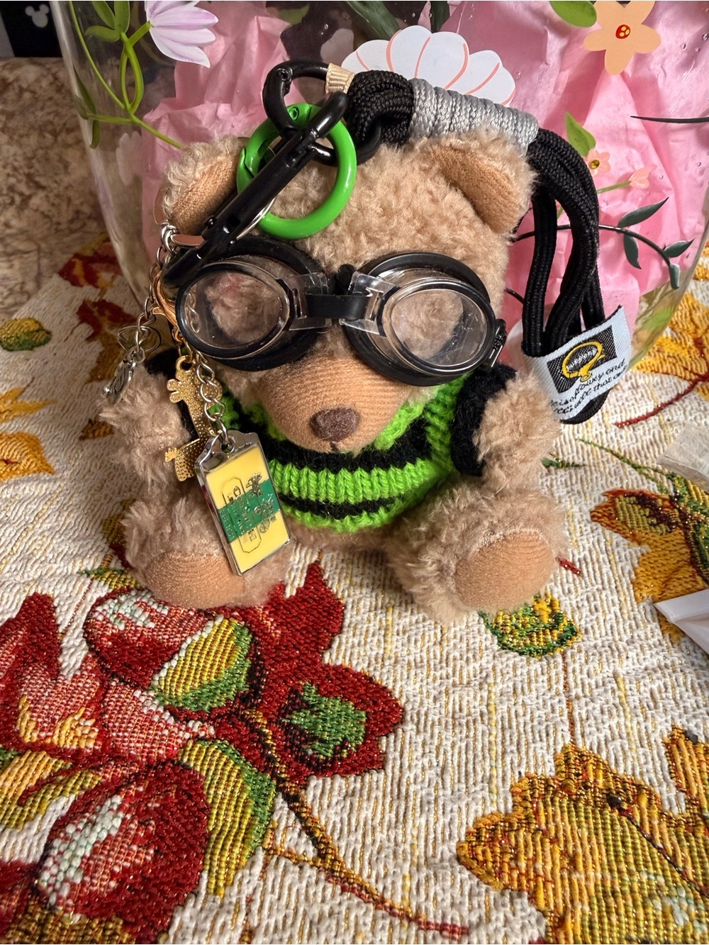 Coach Plush Bear Bag Charm in Beige with Green and Black Stripes